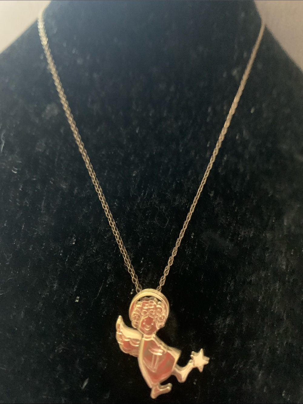Vintage Avon Gold-Tone Angel Pendant Necklace with Pink Enamel Accents